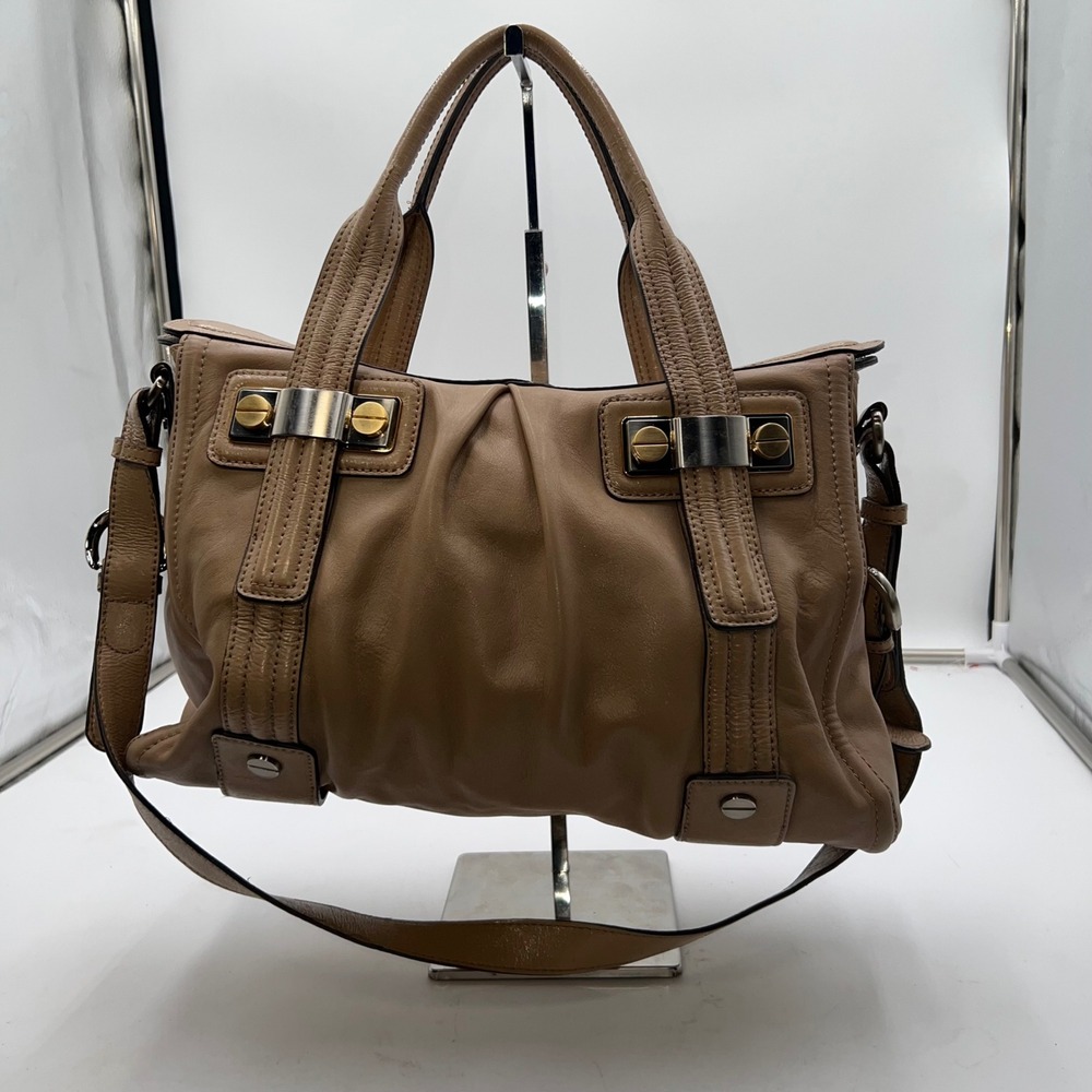 B Makowsky Leather Satchel Shoulder Bag Camel Taupe Gold Tone Hardware